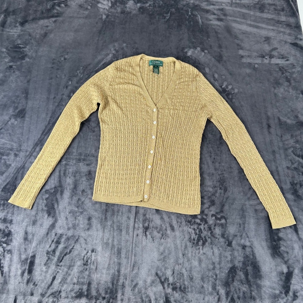 Lauren Ralph Lauren Cardigan Womens S Gold Metallic Cable Knit V-Neck Button Up